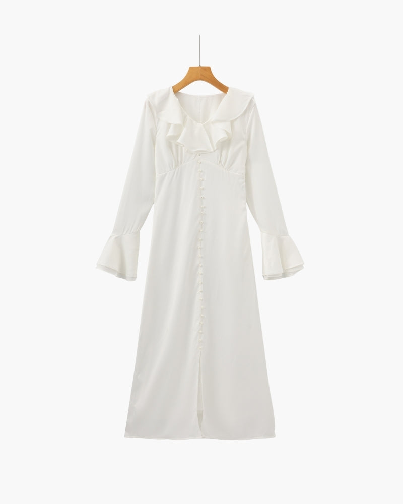 Pearl Button Ruffle Midi Dress - Old Money
